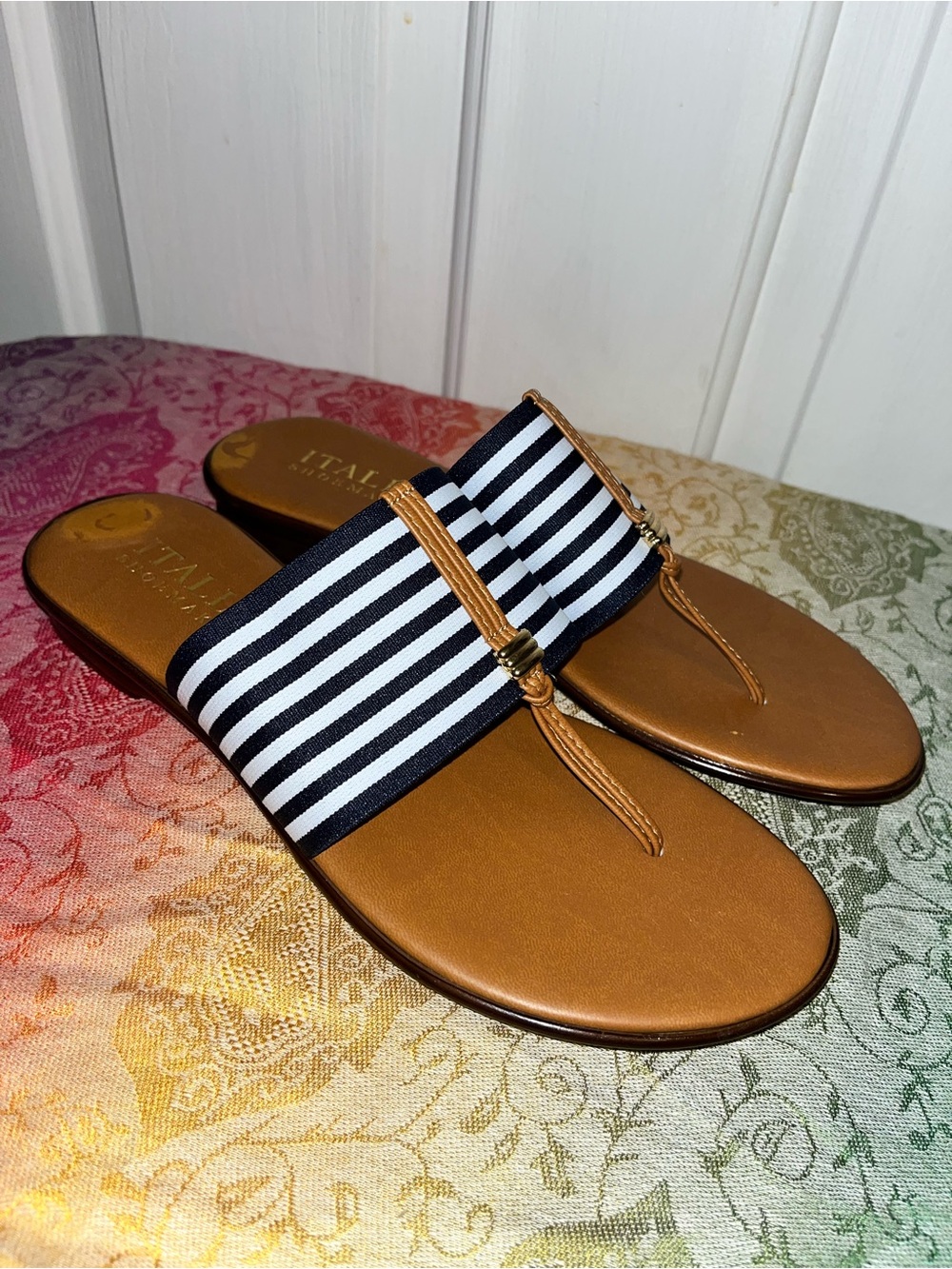 Italian Shoemakers Black-and-White Striped Band Tan Leather Slide Sandals